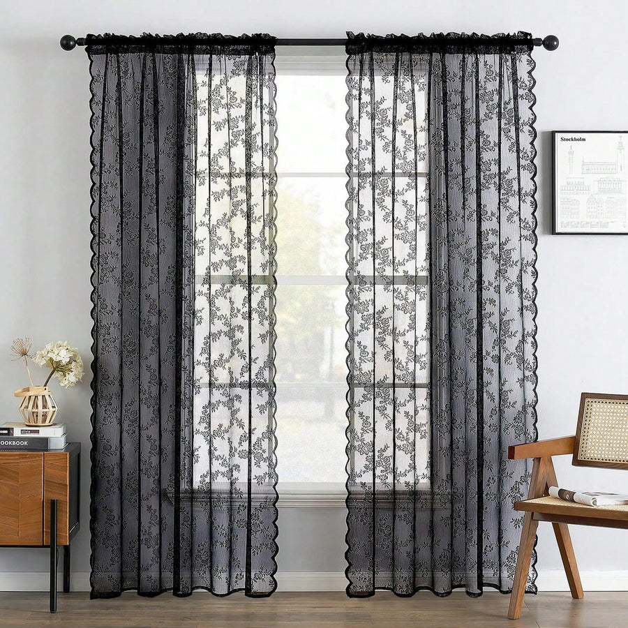 2pc European-Style Embroidered Semi-Transparent Plant Pattern Lace Window Screen Curtain, Home Decoration